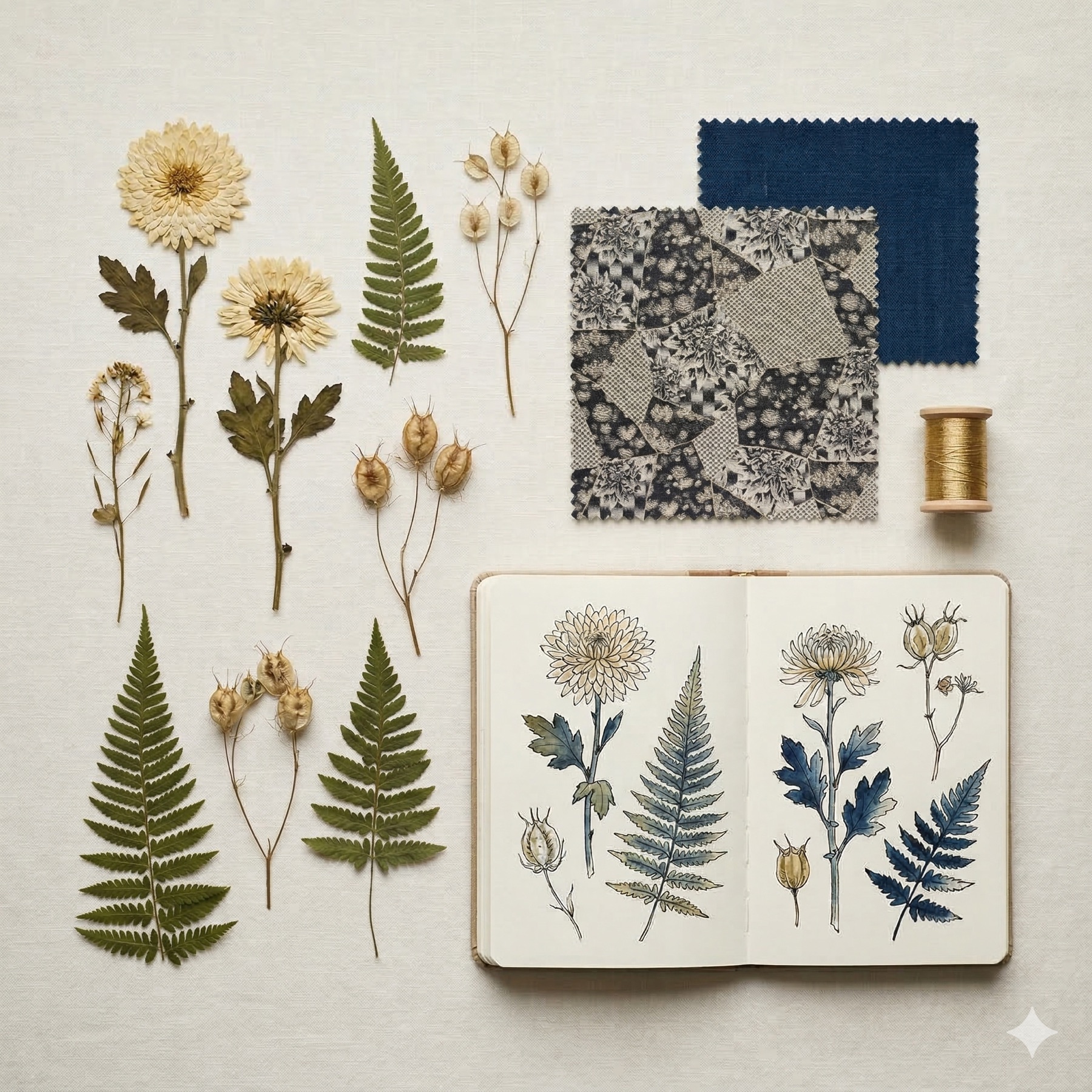 Material study — botanical jacquard, silk gold and aizome blue