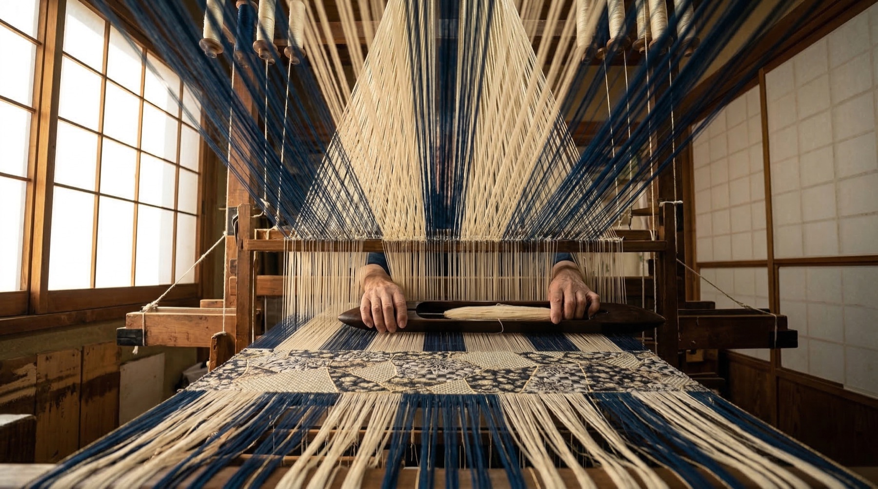 Nishijin loom — botanical jacquard being woven, dramatic perspective through indigo threads