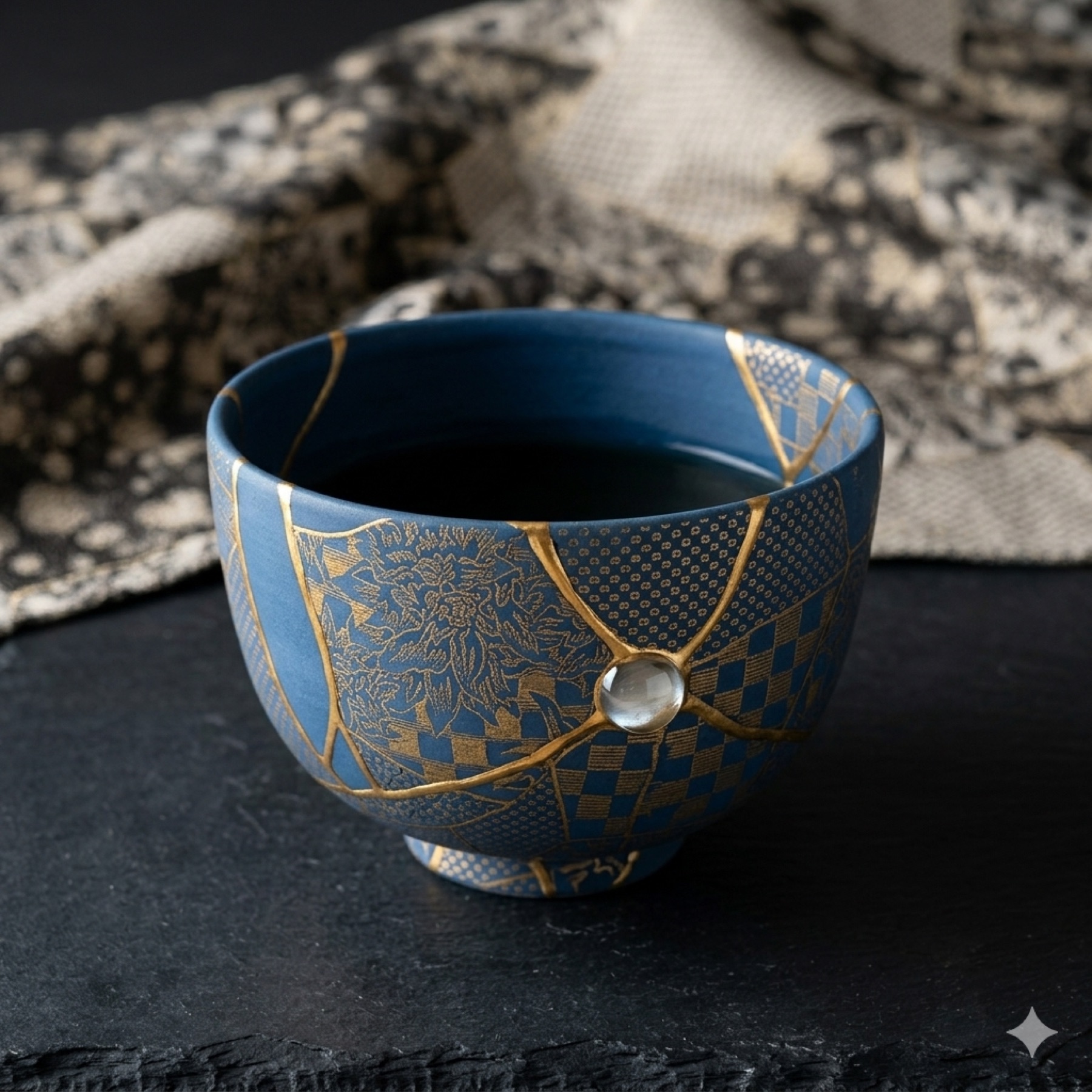 Kintsugi — gold repair on dark ceramic, the Japanese art of visible mending