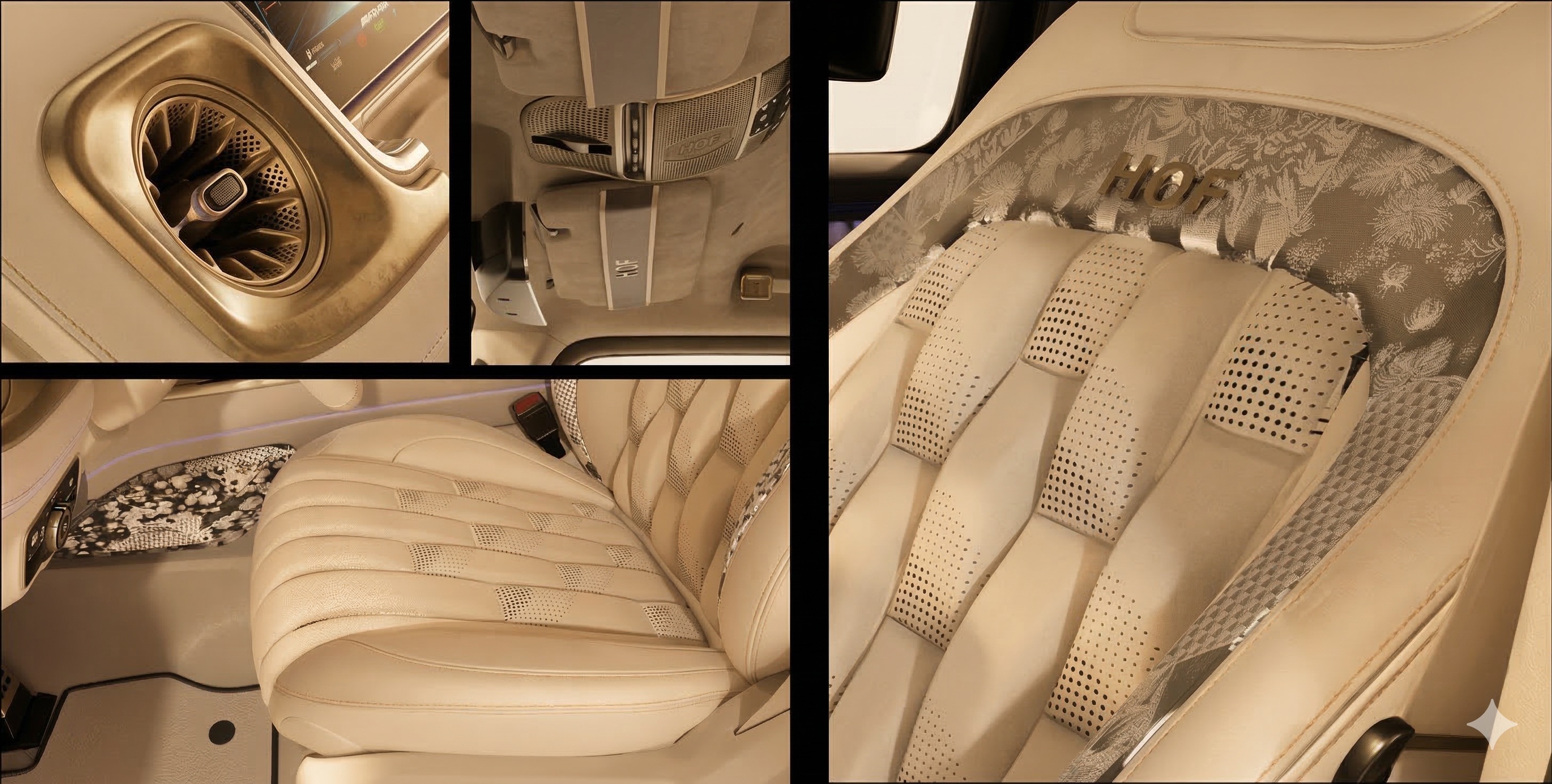 Kinsō interior details — botanical jacquard door panel, gold H-pattern accents