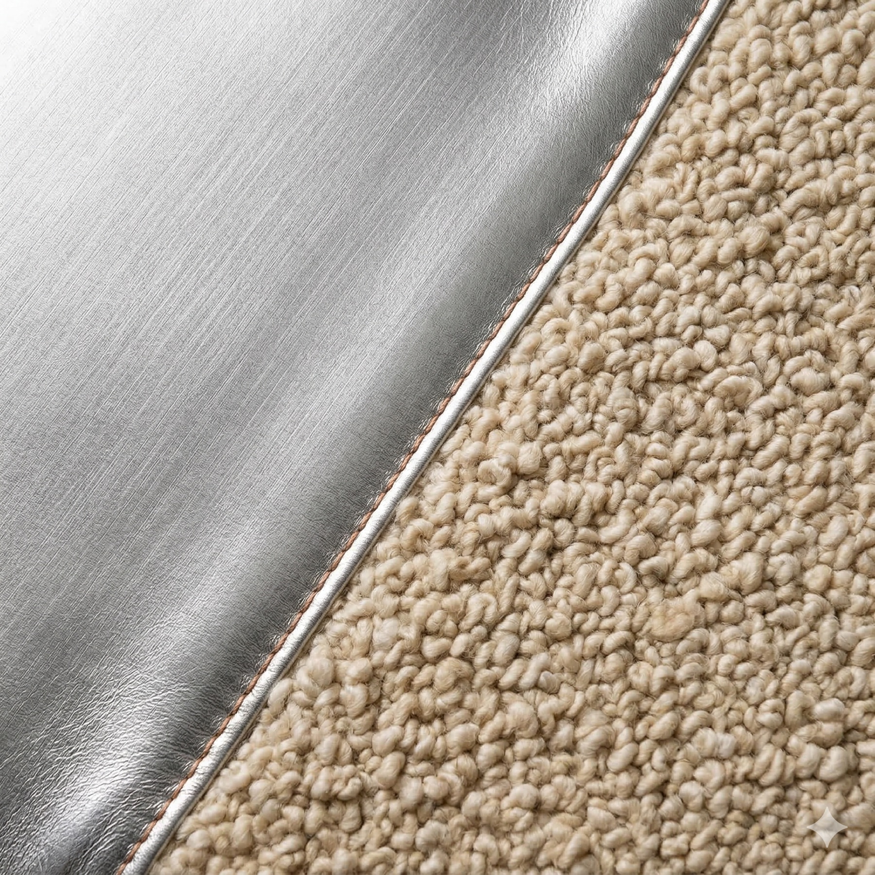 Metallic leather meets bouclé — diagonal material transition, silver meets sand