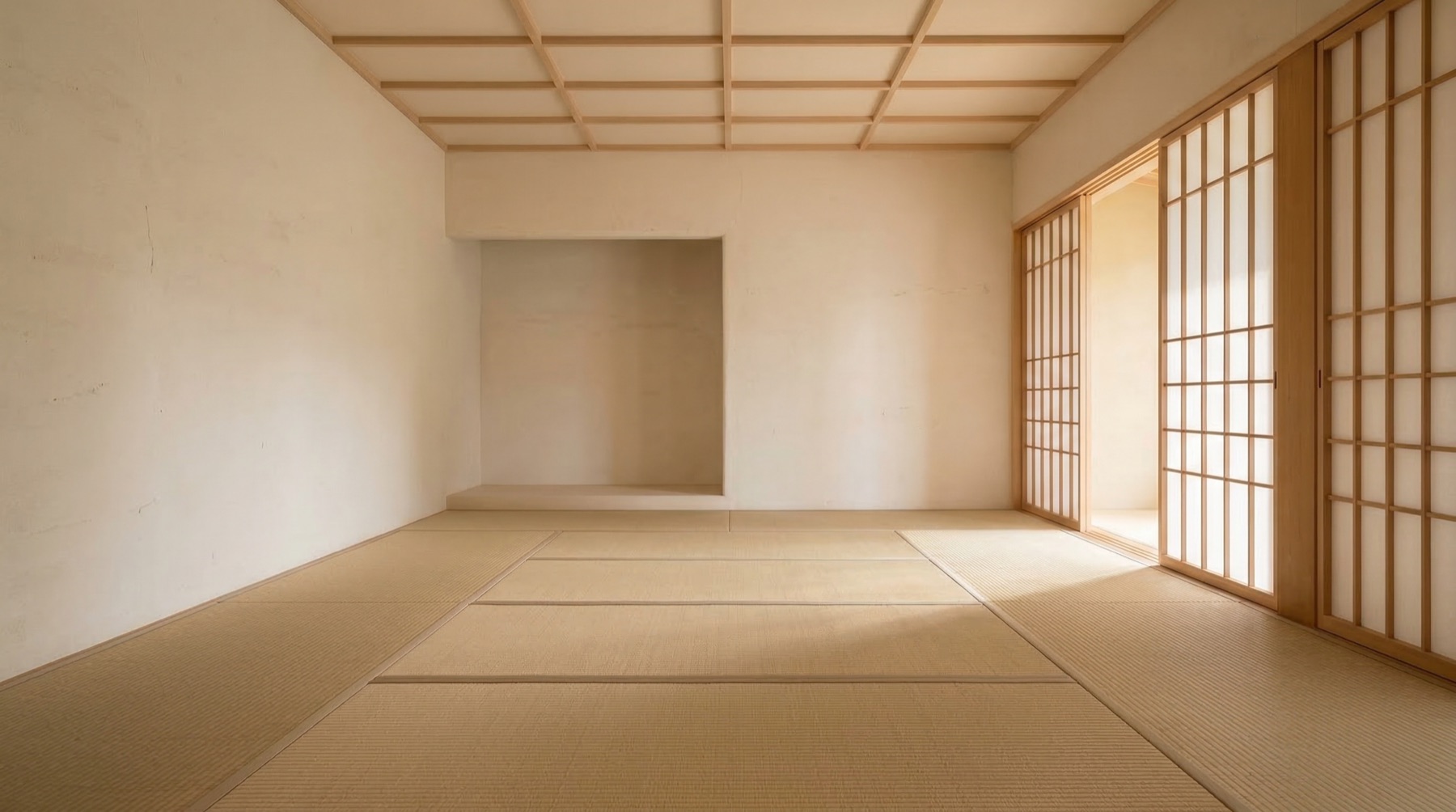 Empty tatami room — warm sand tones, tokonoma alcove, shoji screens