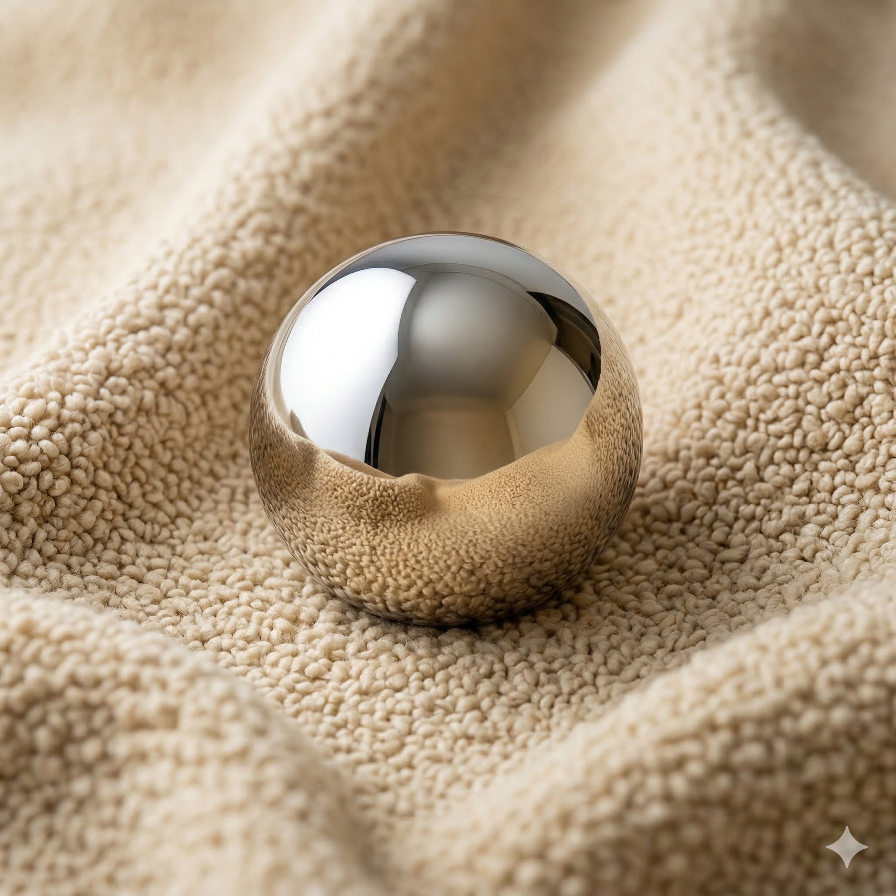 Silver sphere on bouclé — chrome ball resting on warm sand textile
