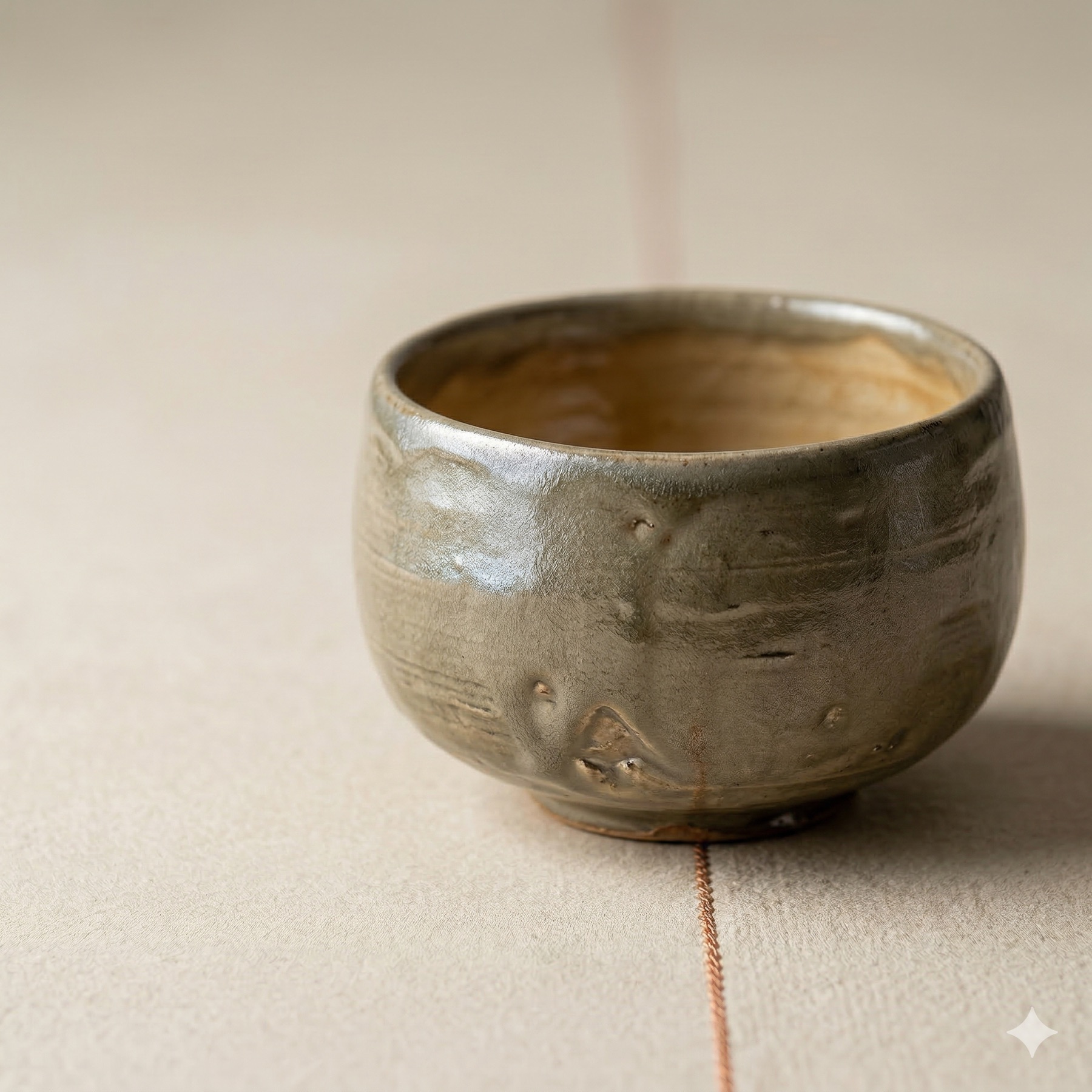 Wabi-sabi ceramic — grey-olive chawan tea bowl, imperfect beauty