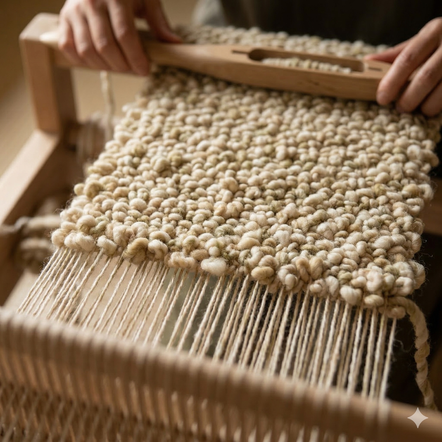Bouclé on loom — weaver's hands working thick cream and sand yarn loops