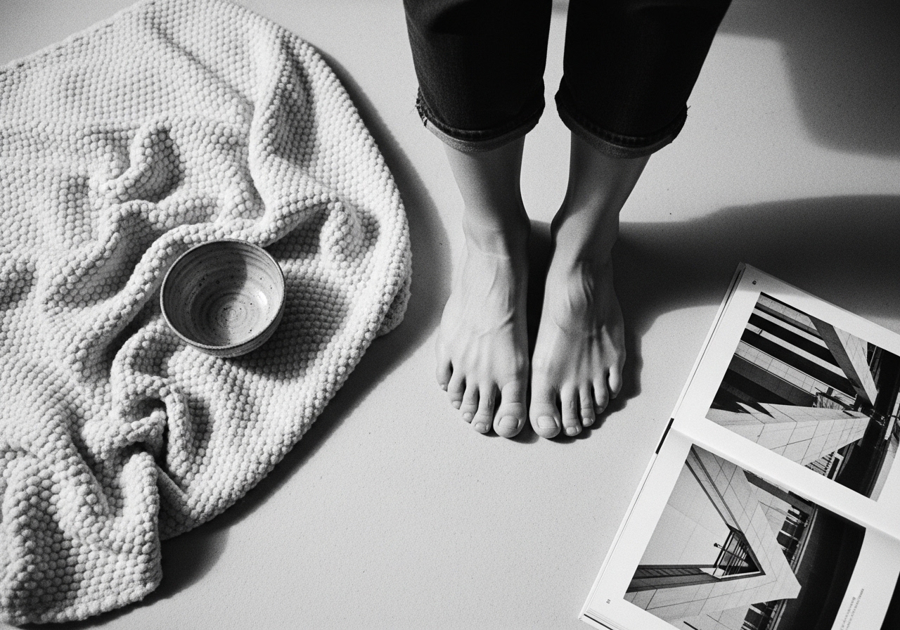 Documentary moment — hands on bouclé textile, black and white