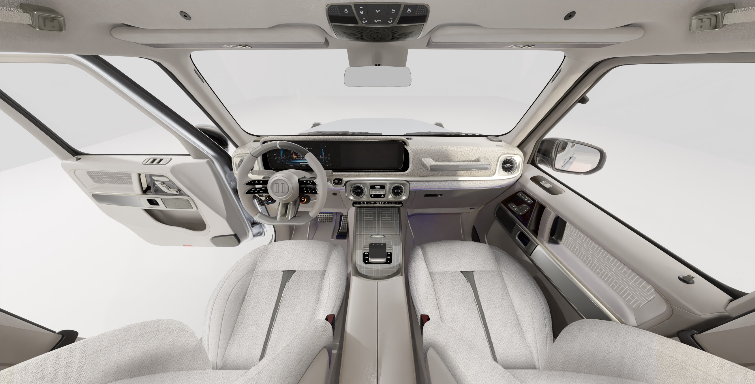 HOF Ma — interior dashboard from rear, full bouclé and metallic leather, purist white-silver palette