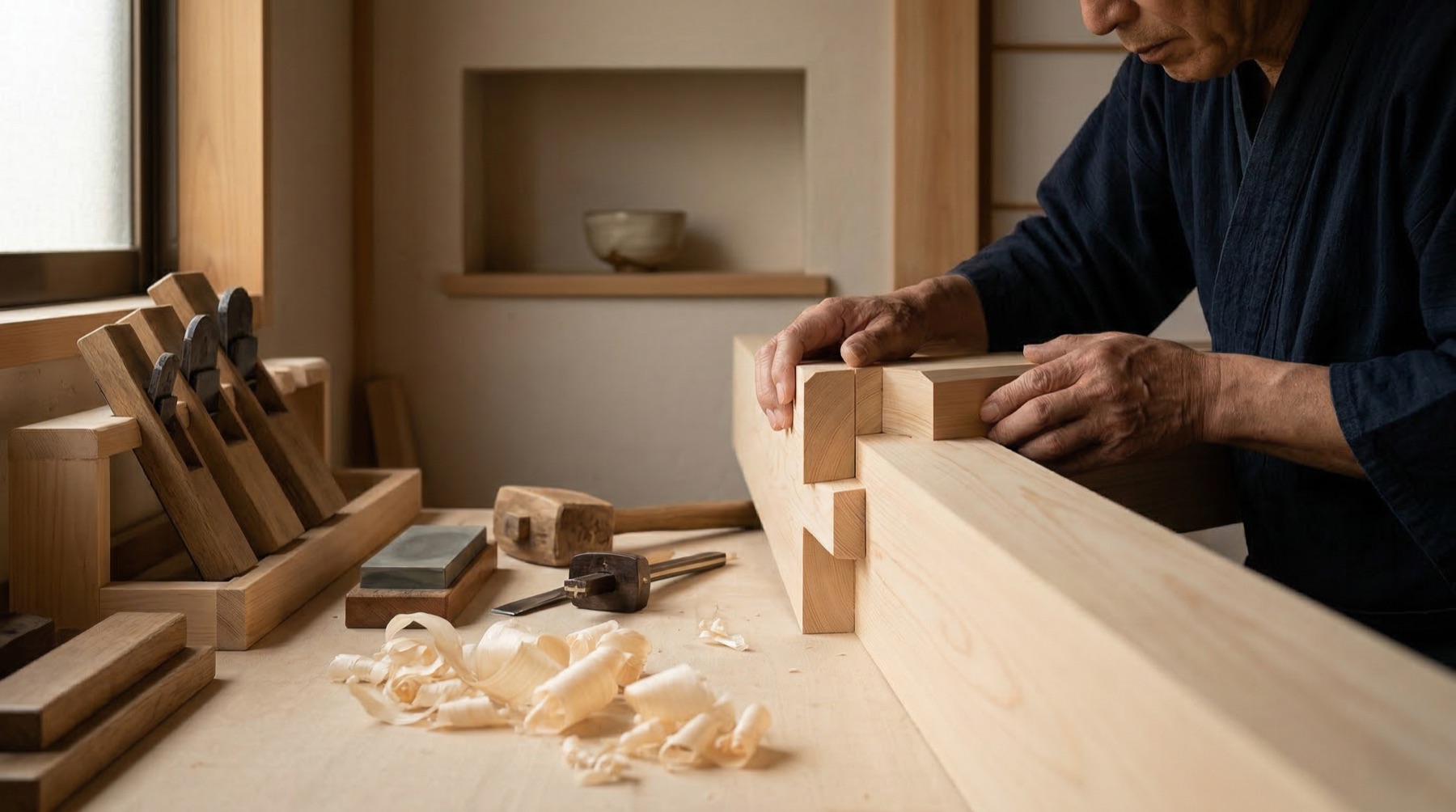 Japanese carpentry — fitting wood joint, hinoki, shavings curling from the plane