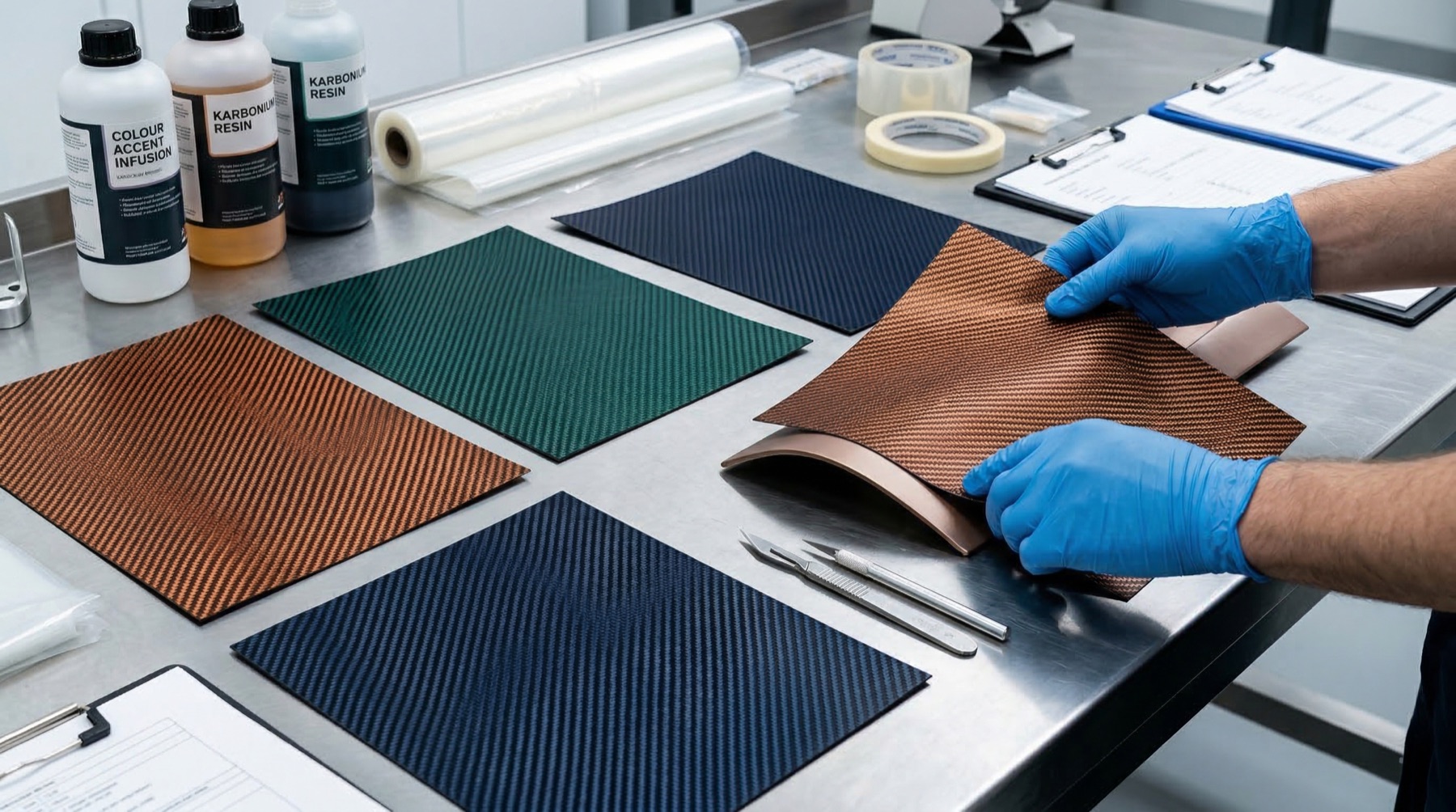 Karbonium colored carbon fiber sheets — green, copper, blue on workshop table