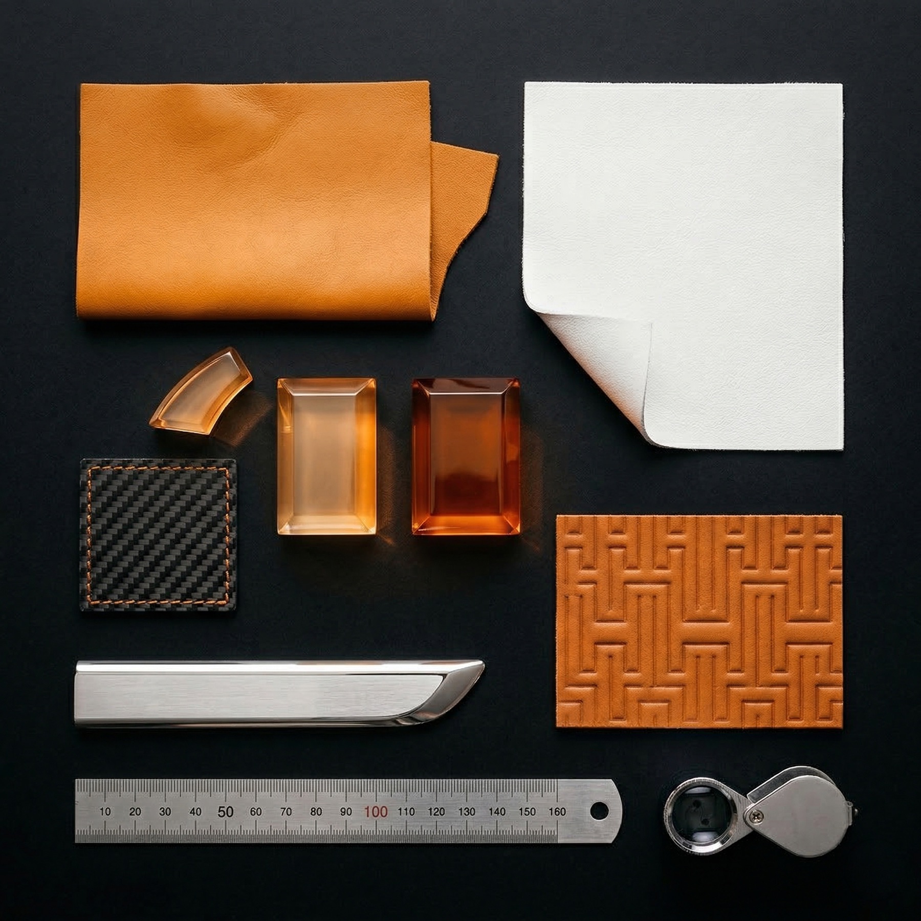 Material flat lay with crystal resin — amber and silver composition