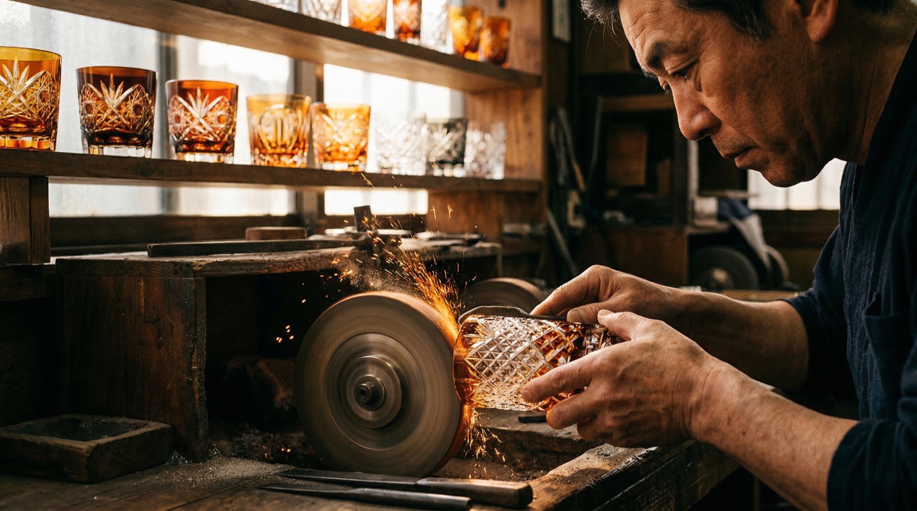 Edo Kiriko craftsman cutting crystal on wheel — the tradition that inspired Tokyo