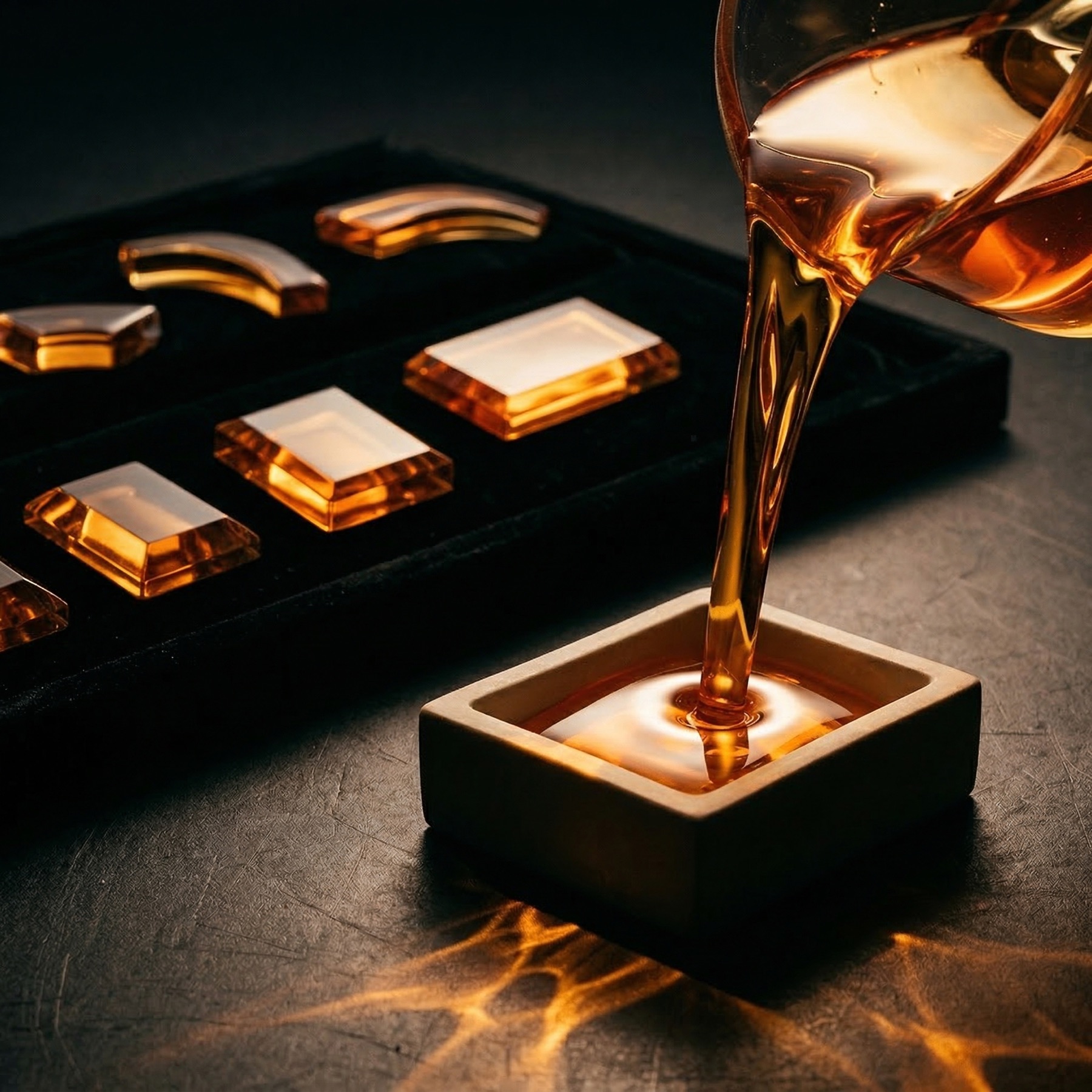 Molten crystal resin being poured into mould — the birth of solid light