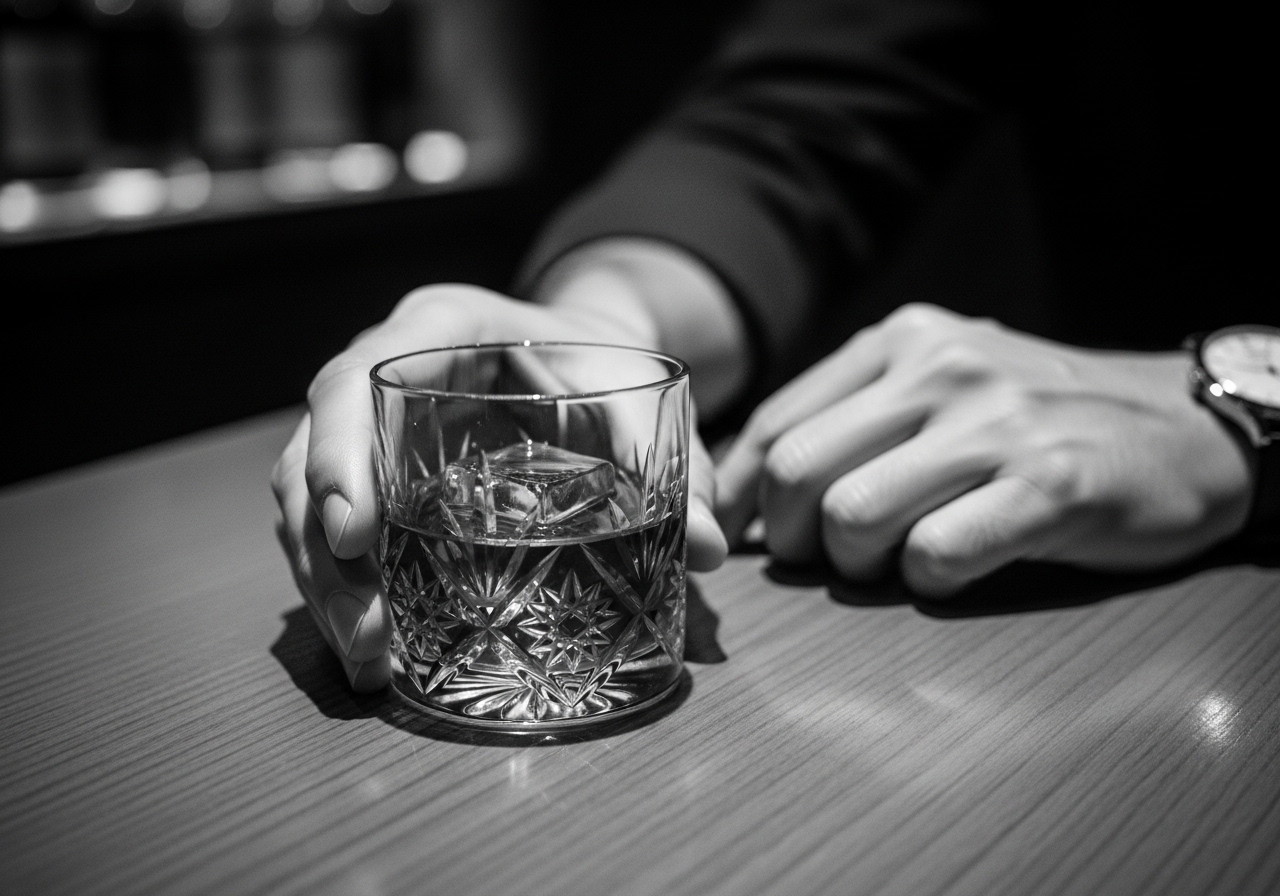 Documentary moment — hands holding crystal glass at Tokyo bar, black and white