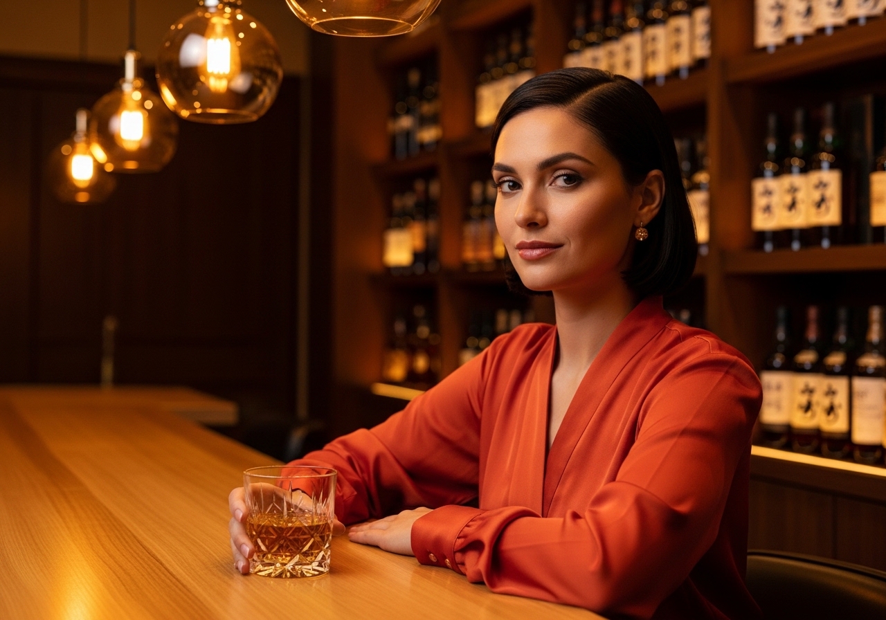 Tokyo whisky bar — woman in orange at hinoki counter with Kiriko glass