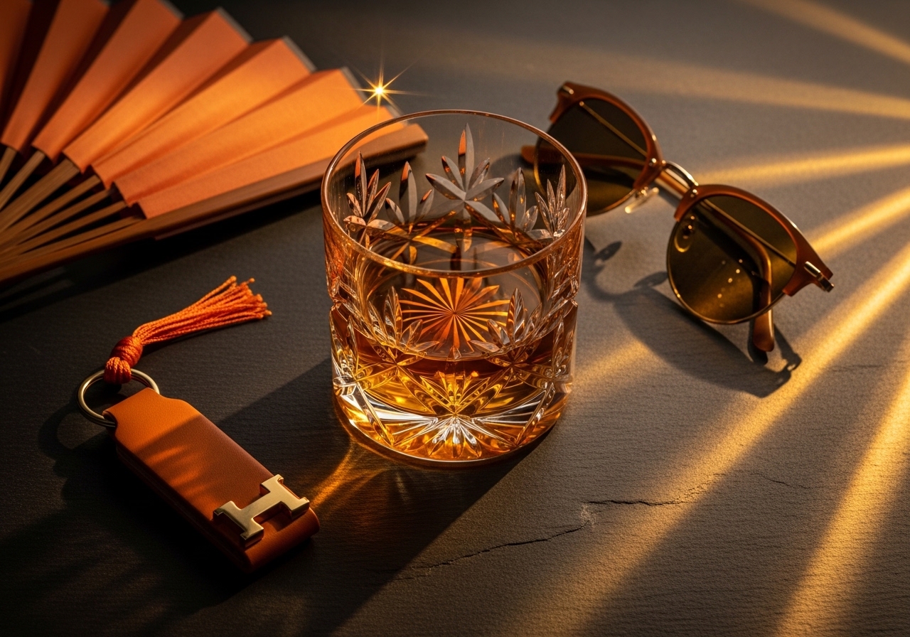 Side-stage lifestyle — sensu fan, amber sunglasses, H-keychain, crystal glass on dark slate