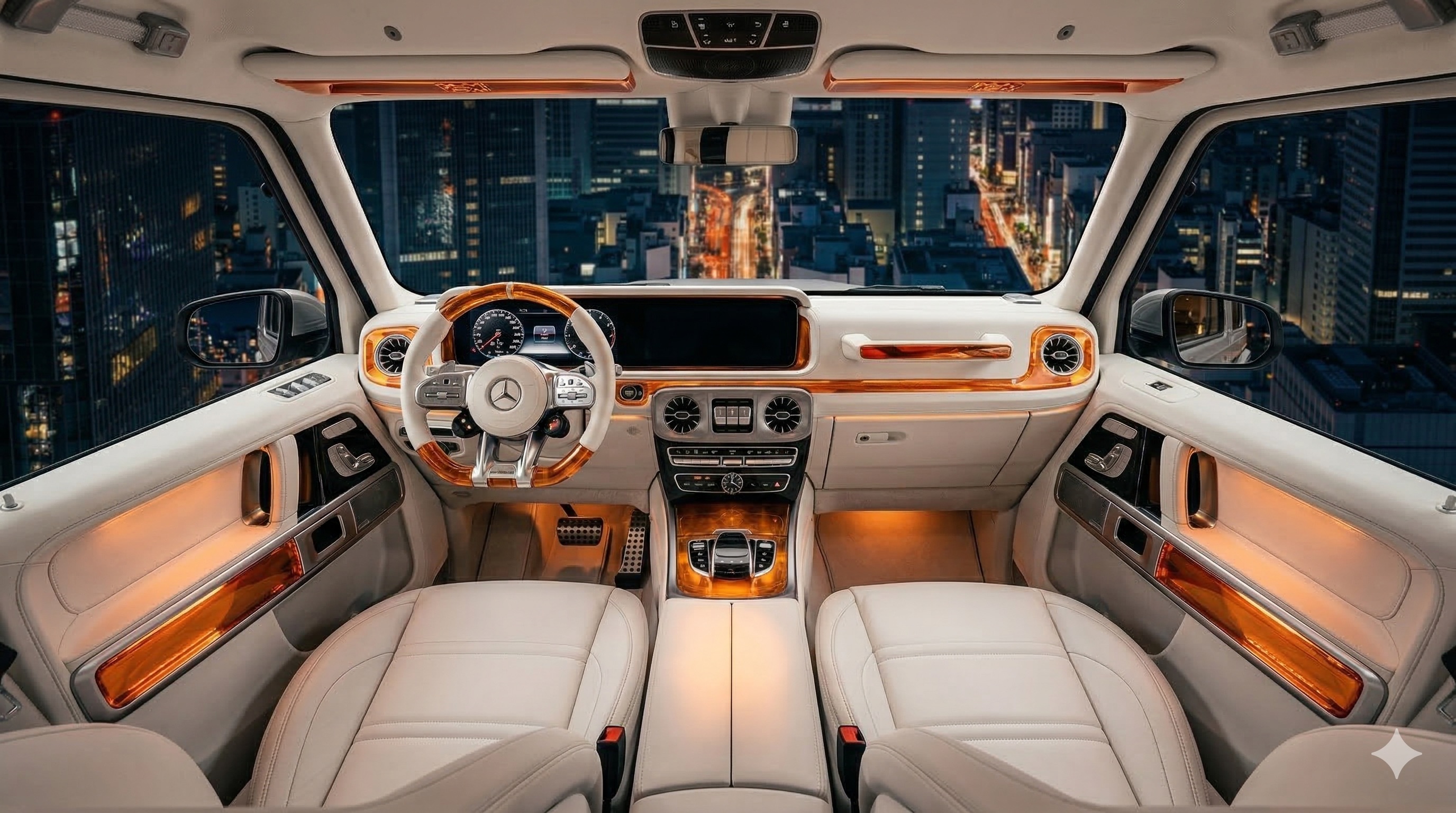 HOF Tokyo — Expression II interior, white leather with amber crystal resin accents, Tokyo night skyline